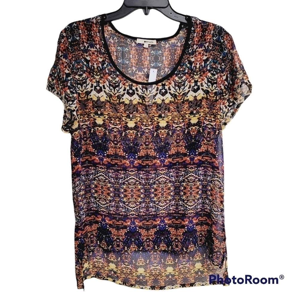 Revolve Lamade Sheer Multicolor High Low Hemline Short Sleeve Tunic Top Medium